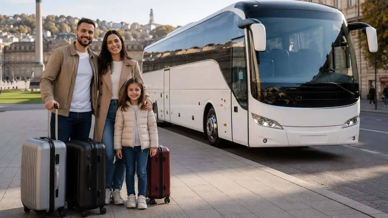 familia care are in spate un autocar gata sa calatoreasca