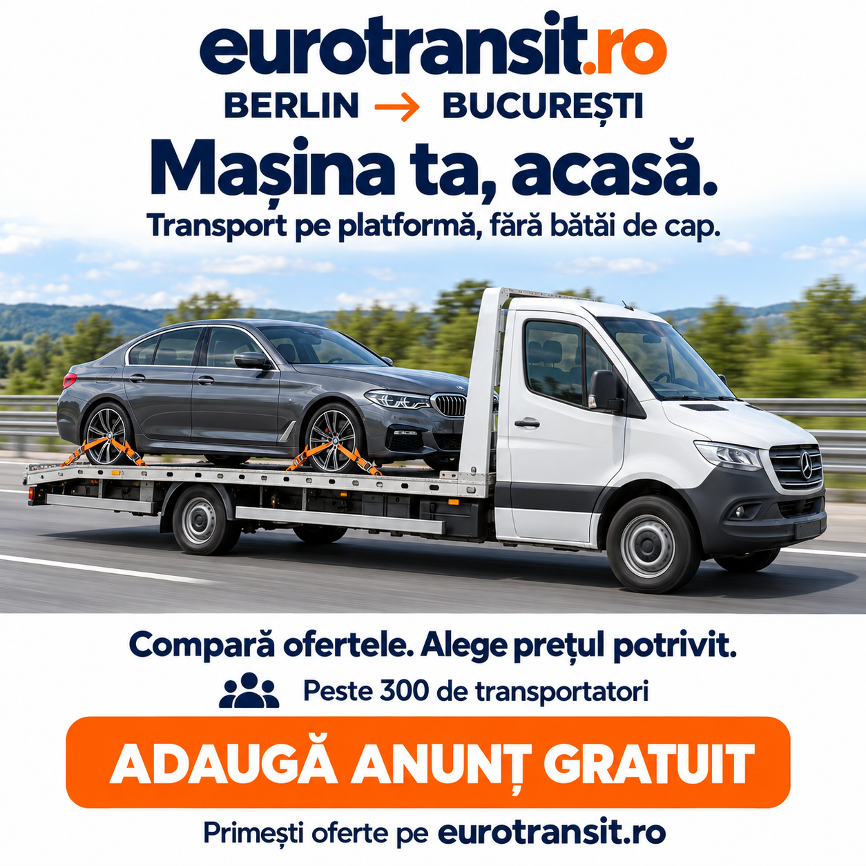 Platformă auto cu BMW pe autostradă Berlin București