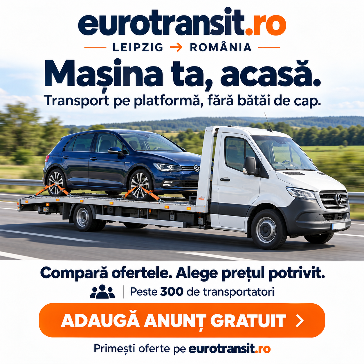 Platformă auto cu vw golf pe autostradă Leipzig România