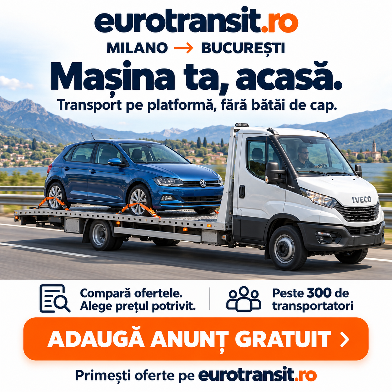 Platformă auto cu vw polo pe autostradă Milano București
